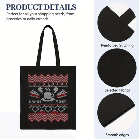Twin Peaks Tote Bag - Black Reusable Grocery Bag with Vintage Nordic Knit-Inspired Design, "DAMN FINE"